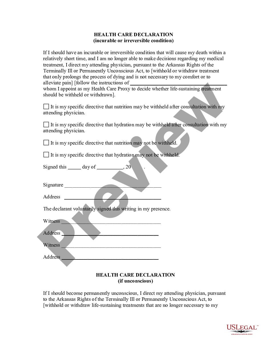 form Health Care Declarations - Two Forms - Living Will - Statutory preview