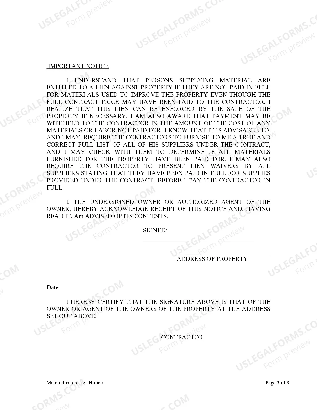 Preview Materialman's Lien Notice - General