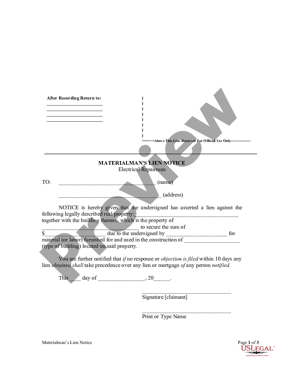 page 0 Materialman's Lien Notice - Electrical preview