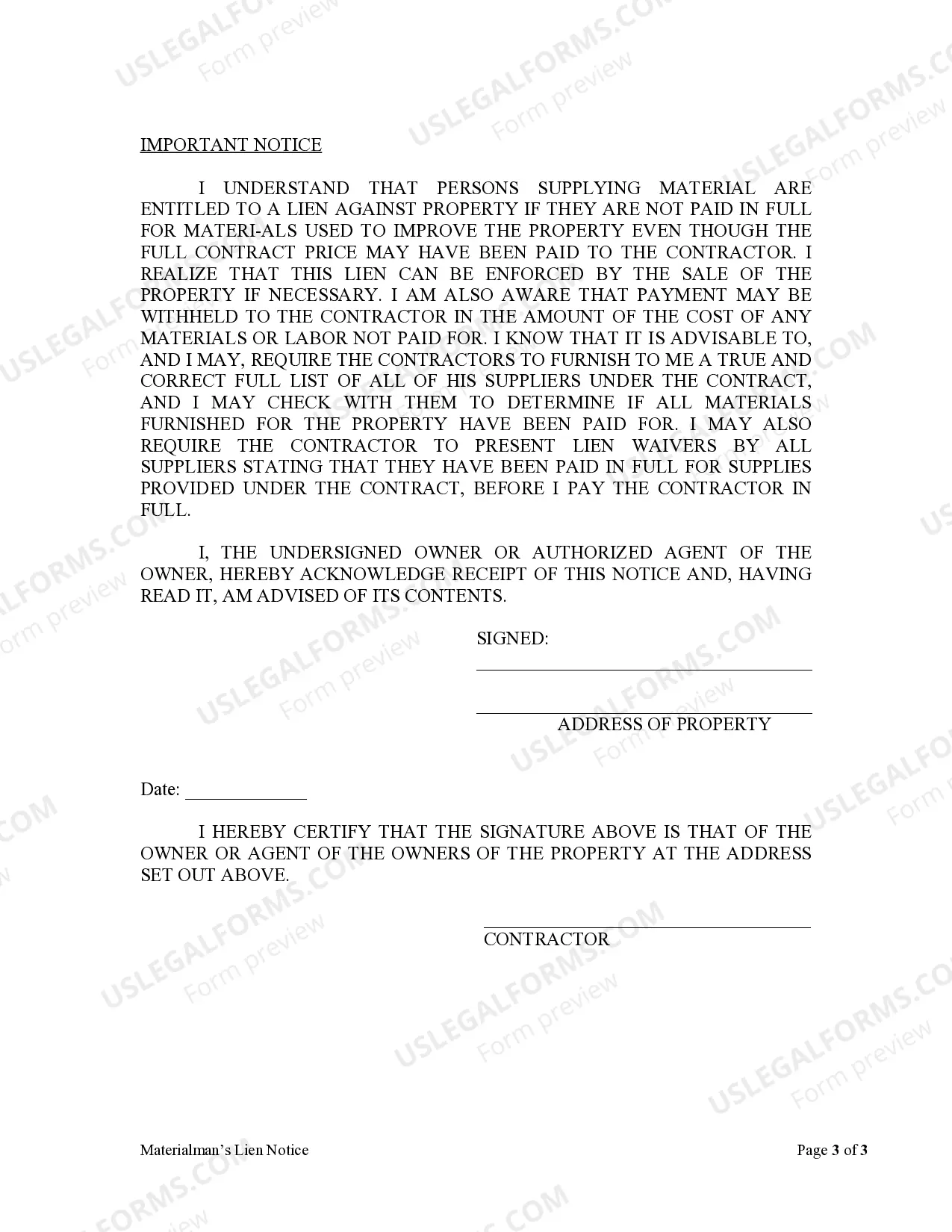 Preview Materialman's Lien Notice - Electrical