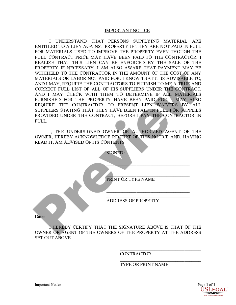 form Notice to Owner by Contractor of Lien Rights preview