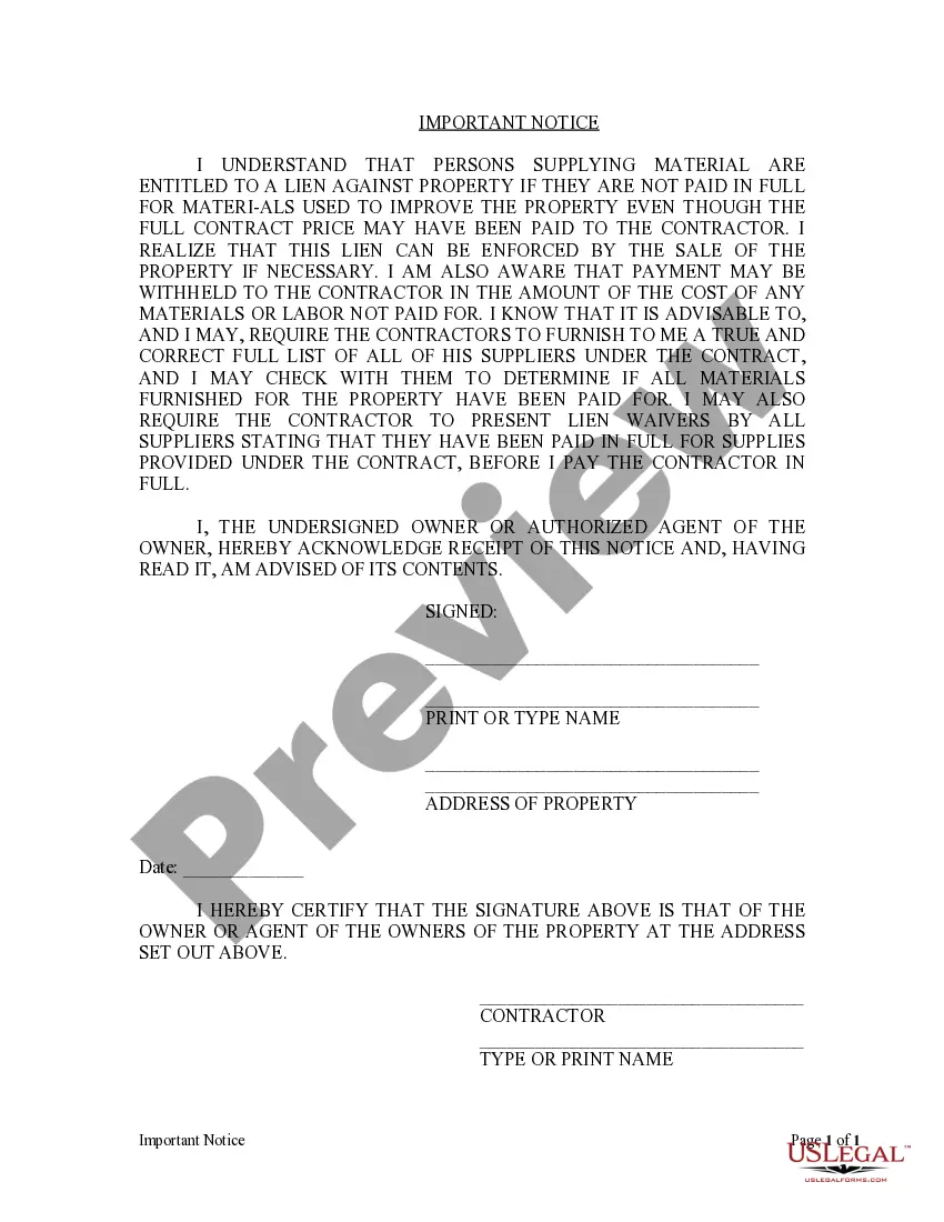 Preview Notice to Owner by Contractor of Lien Rights