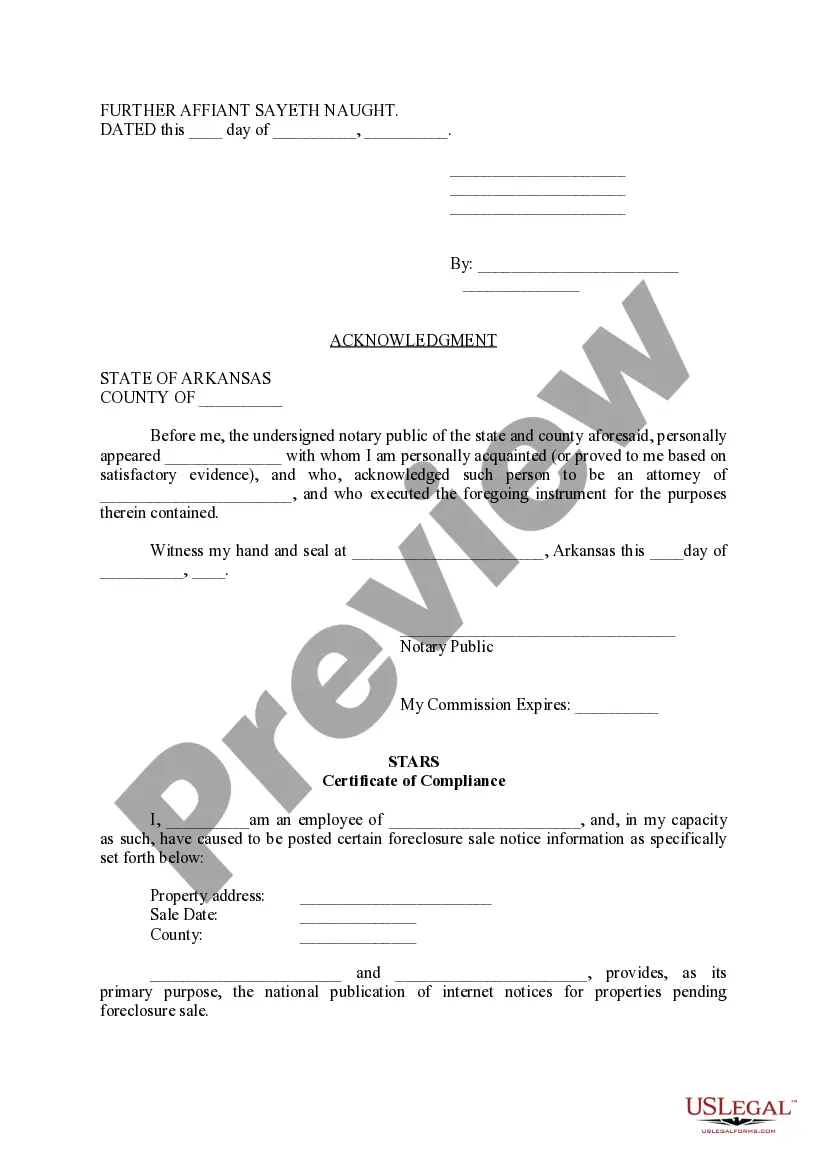 Preview Affidavit of Mailing and Compliance With Statutory Notice RequirementsPursuant to Arkansas Code Annotated------, et seq.