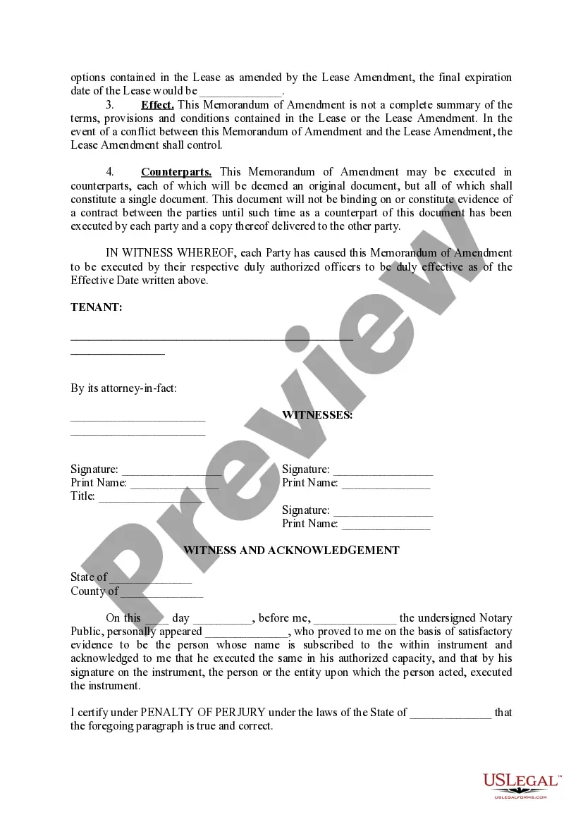 Preview Memorandum of Lease AmendmentAgreement