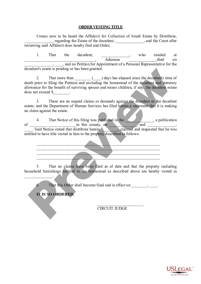 Arkansas Order Vesting Title - Title Vesting 