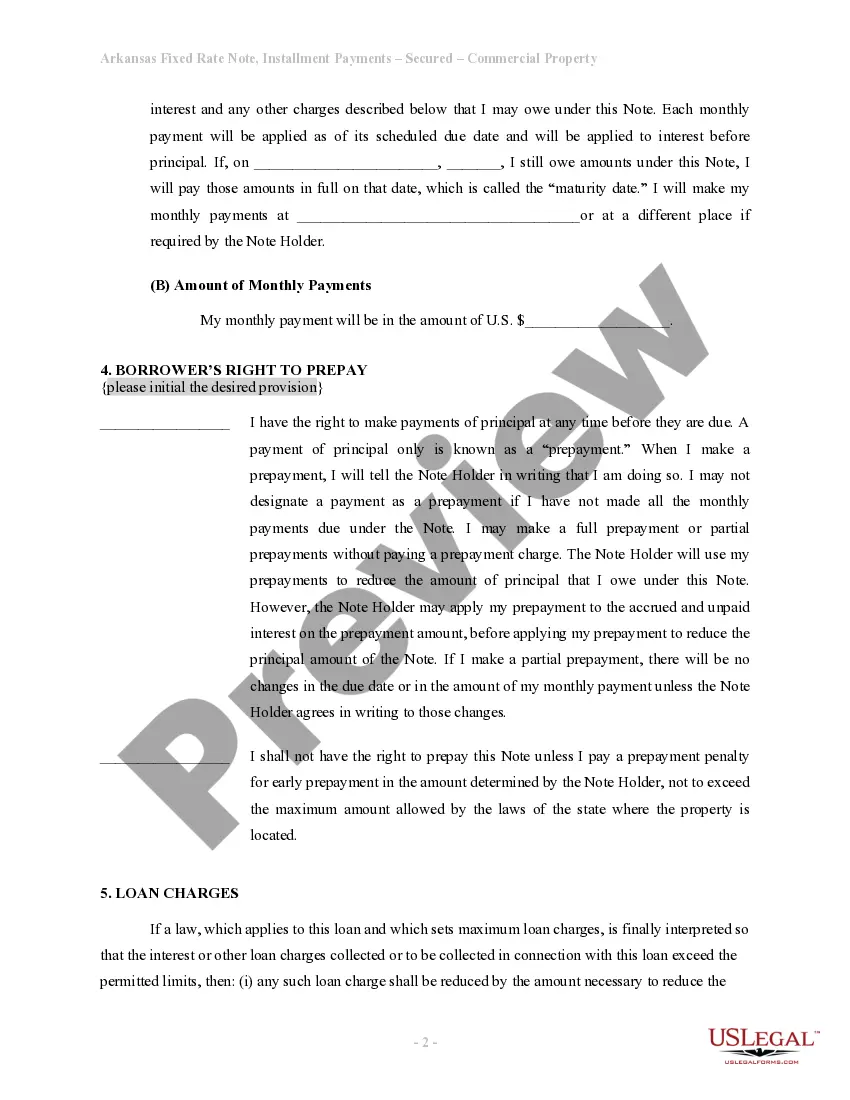 Preview Arkansas Installments Fixed Rate Promissory Note Secured by Commercial Real Estate