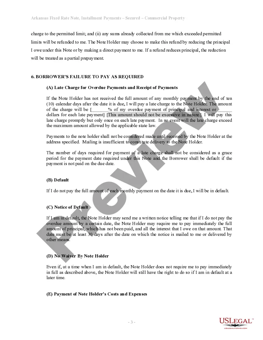 Preview Arkansas Installments Fixed Rate Promissory Note Secured by Commercial Real Estate