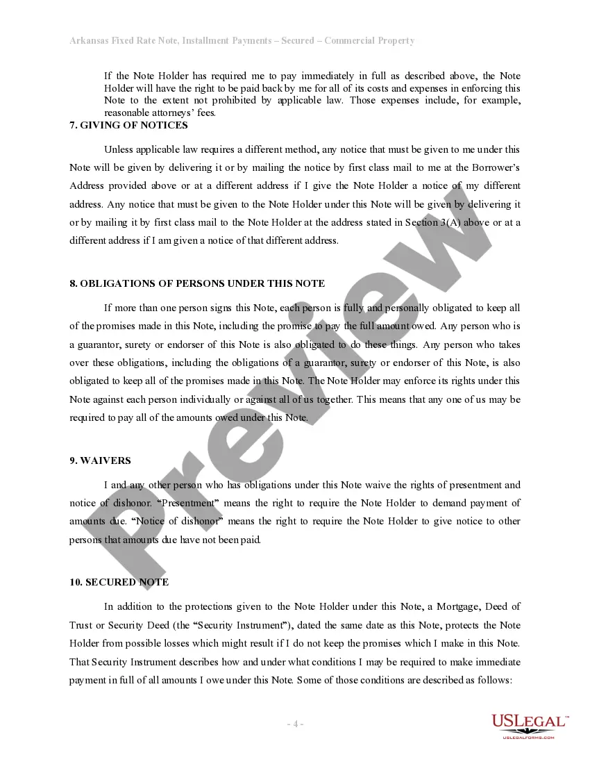 Preview Arkansas Installments Fixed Rate Promissory Note Secured by Commercial Real Estate