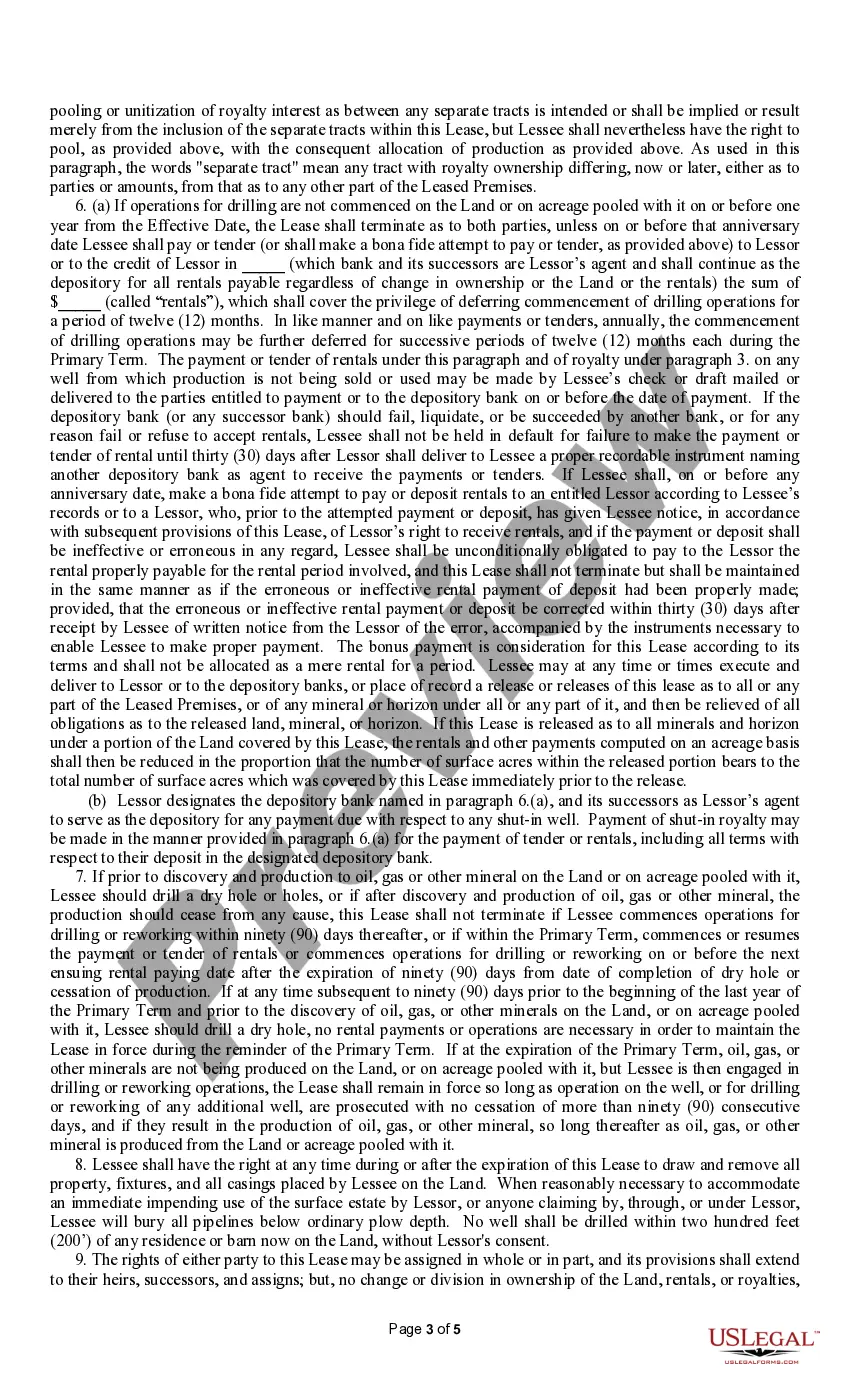 Preview Producers 88 Rental Form / Shut-In / Pooling Provision Oil and Gas Lease