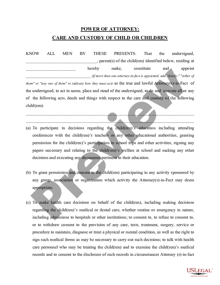 form Power of Attorney for Care and Custody of Child or Children preview