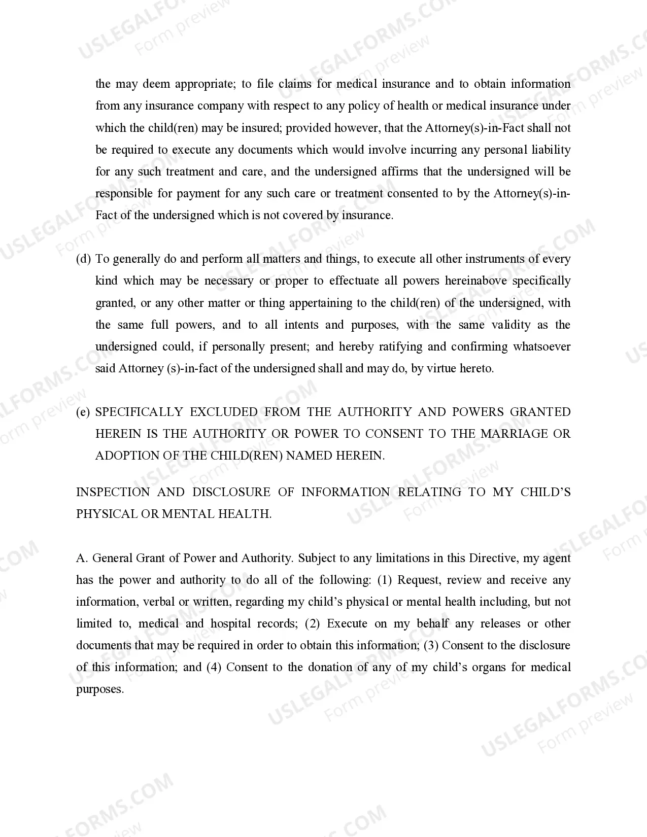 Preview Power of Attorney for Care and Custody of Child or Children