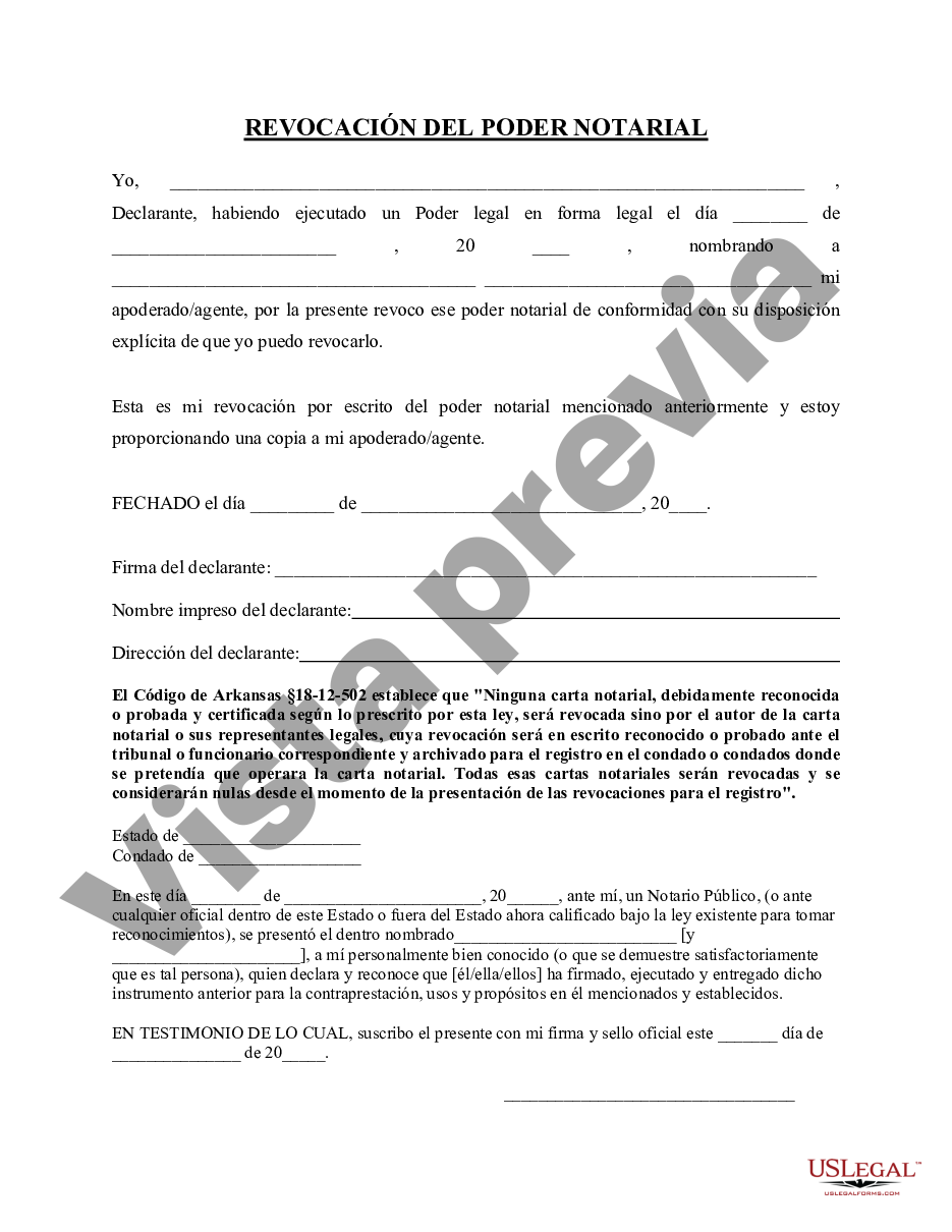 Arkansas Formulario Legal De Revocación Poder Notarial Legal Poder Notarial Us Legal Forms 3596