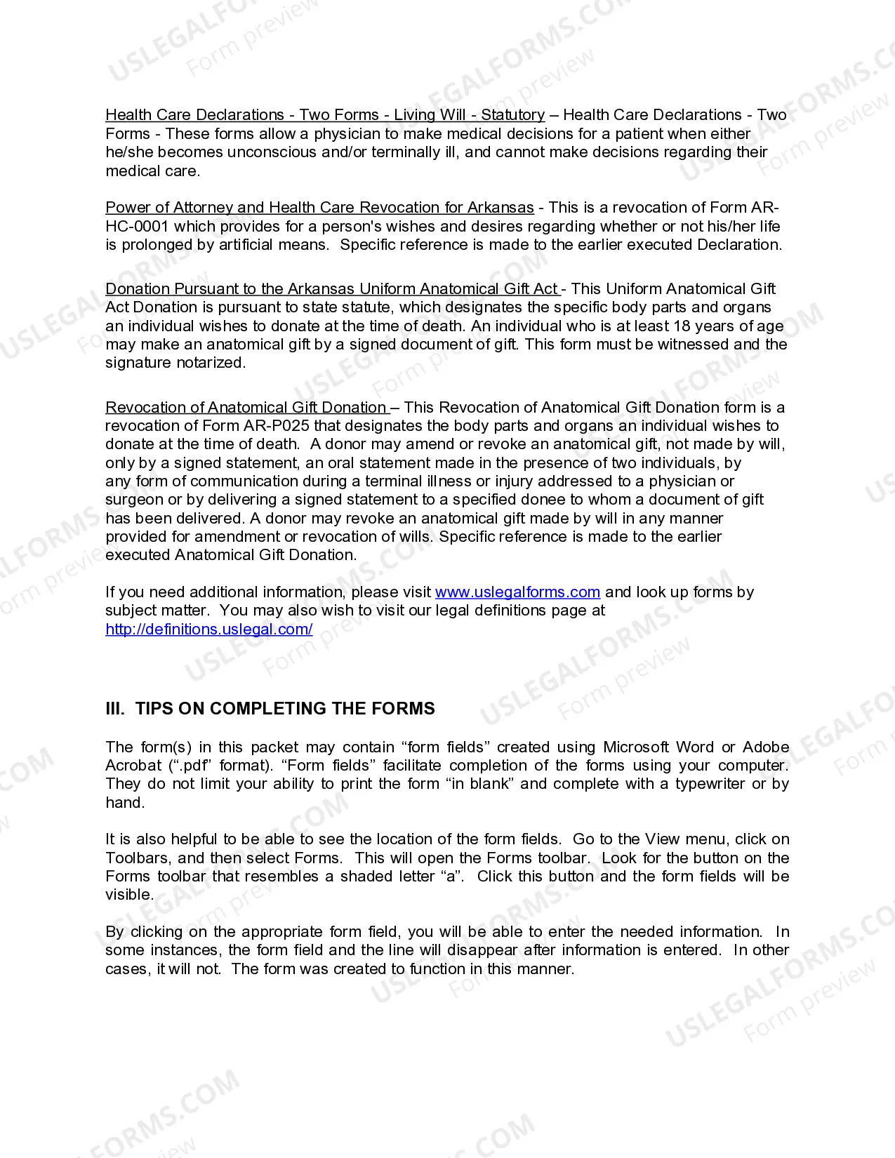 Preview Arkansas Living Wills and Health Care Package