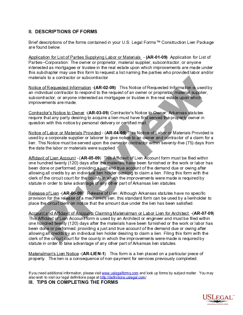 Preview Arkansas Construction or Mechanics Lien Package - Individual