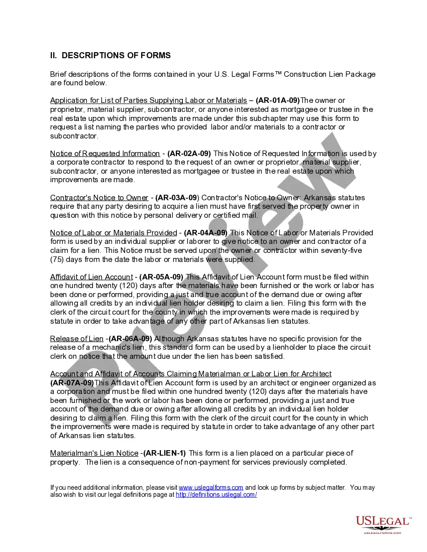 Preview Arkansas Construction or Mechanics Lien Package - Corporation