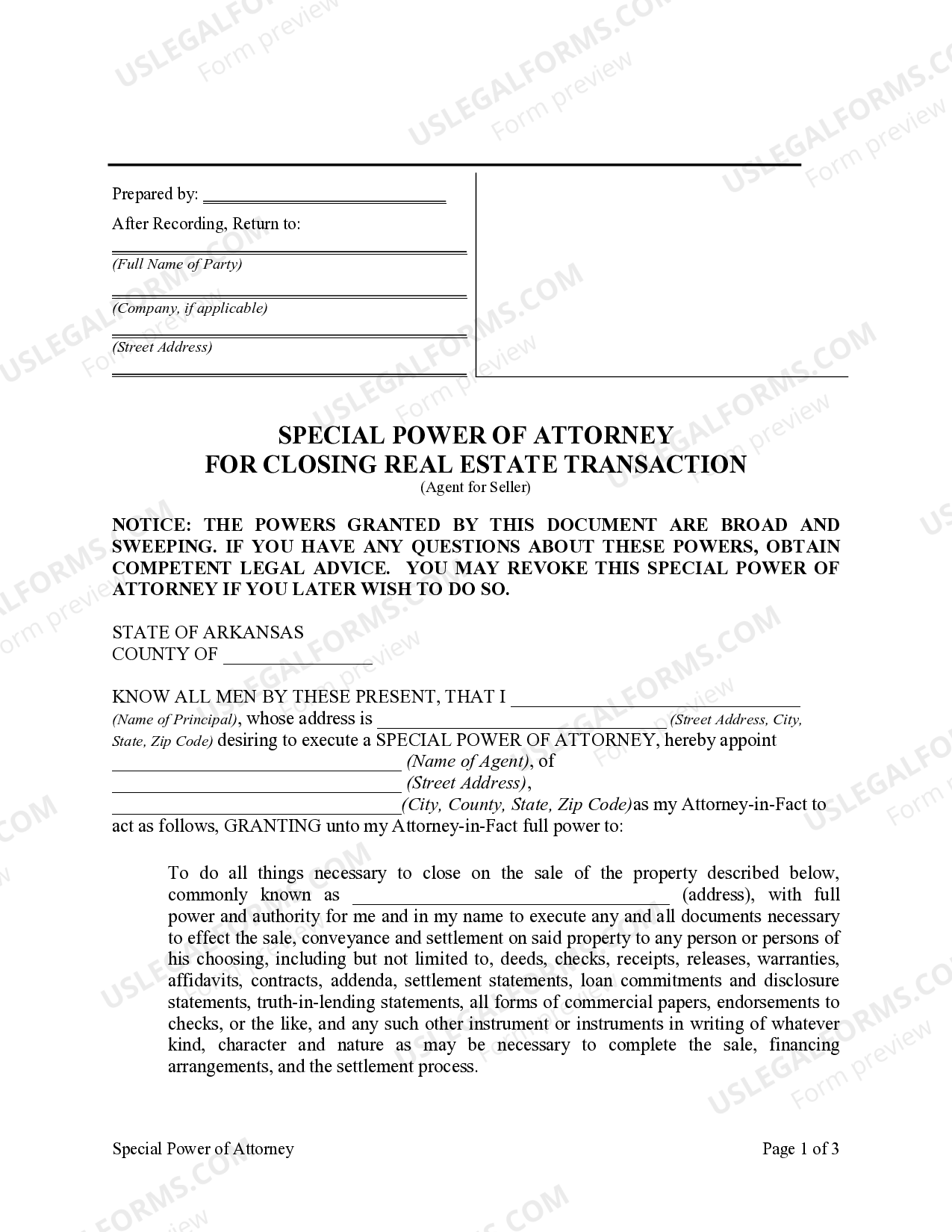 Arkansas Special or Limited Power of Attorney for Real Estate Sales