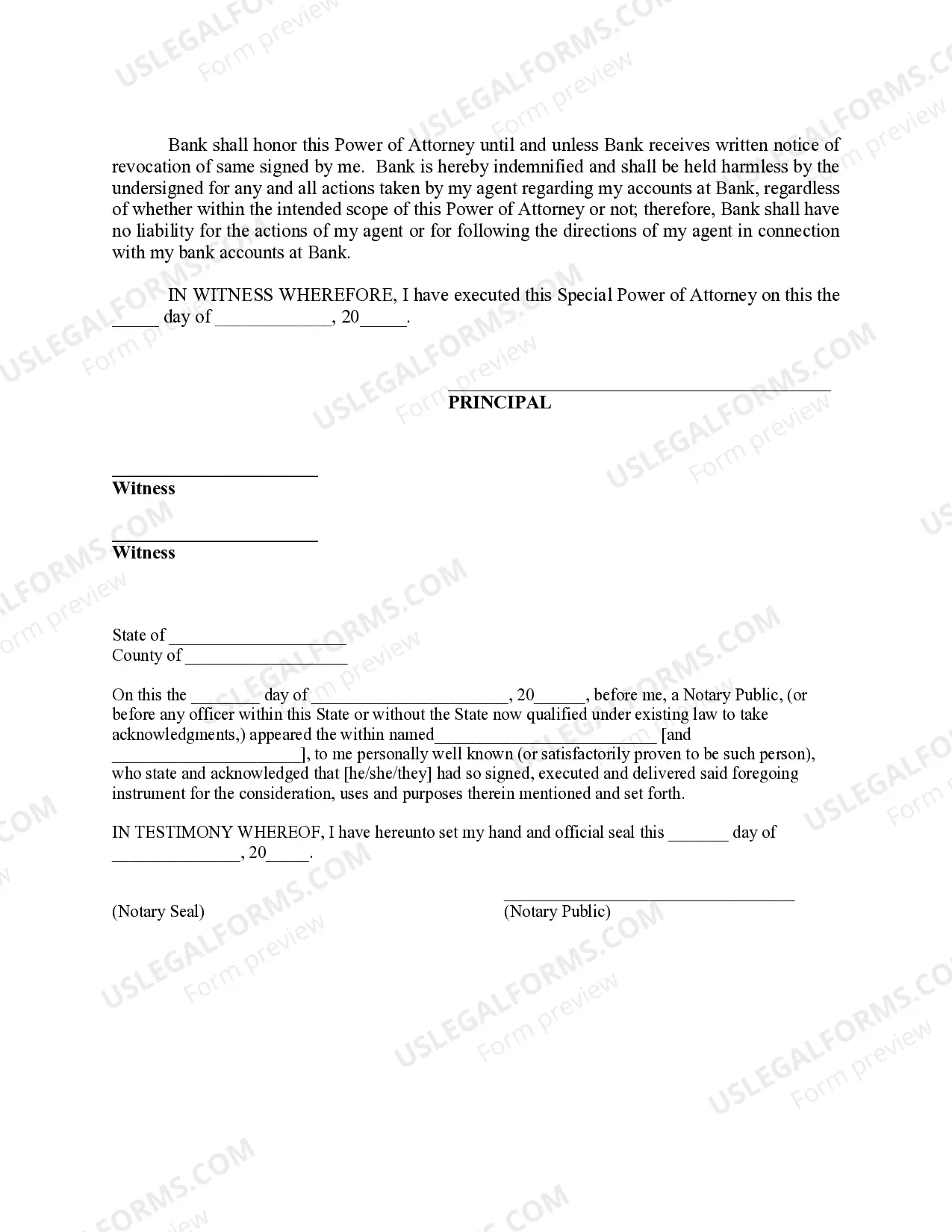 Preview Special Durable Power of Attorney for Bank Account Matters