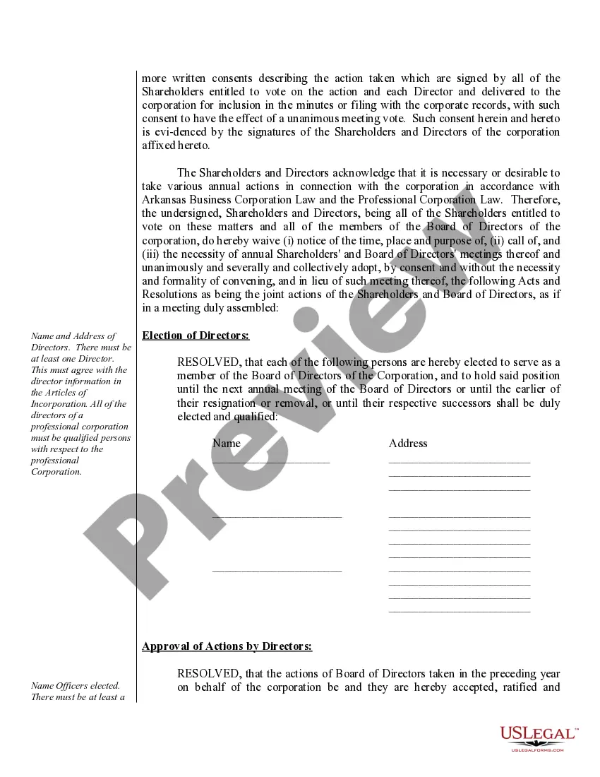 Preview Sample Annual Minutes for an Arkansas Professional Corporation