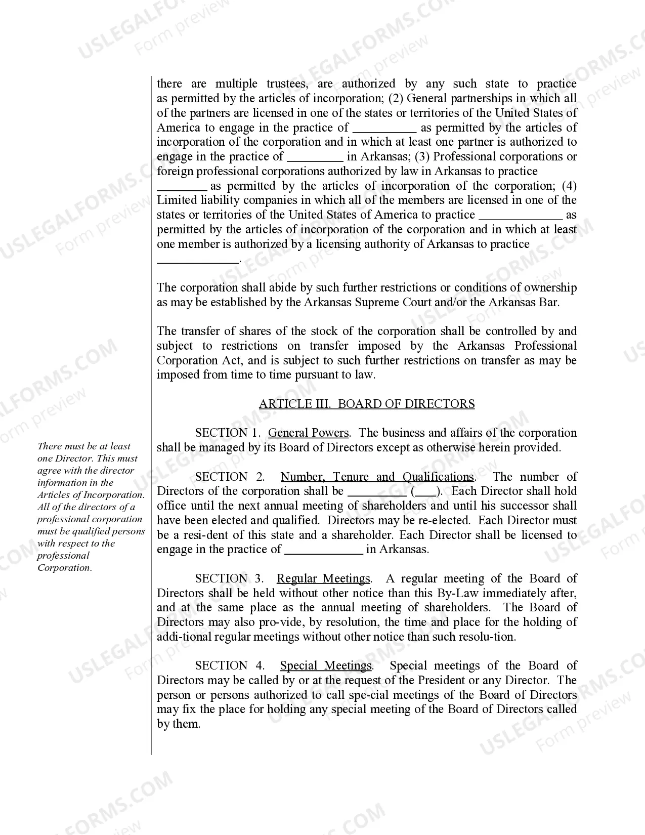 Preview Sample Bylaws for an Arkansas Professional Corporation