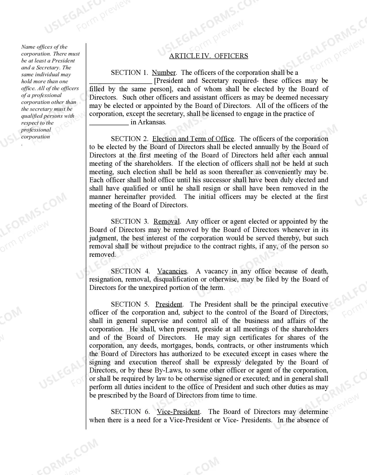 Preview Sample Bylaws for an Arkansas Professional Corporation