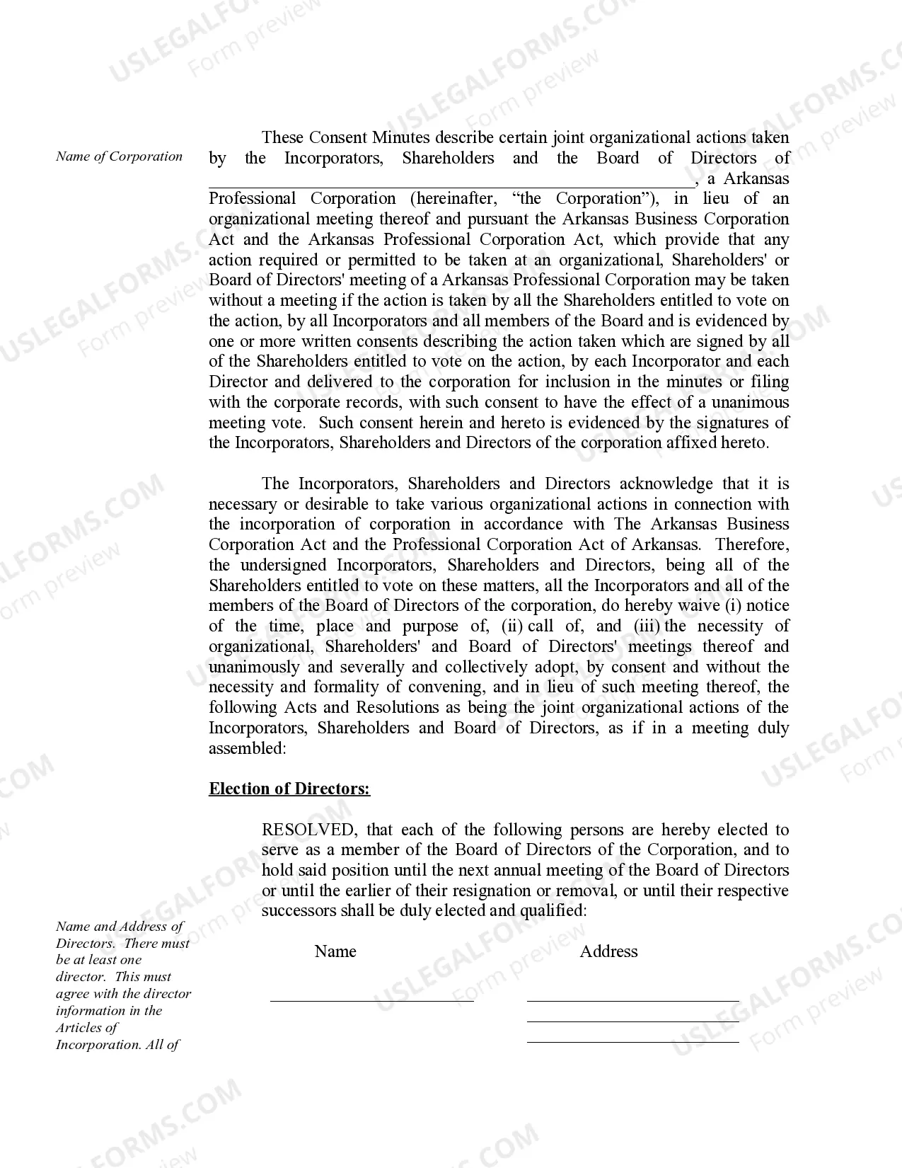 Preview Sample Organizational Minutes for an Arkansas Professional Corporation