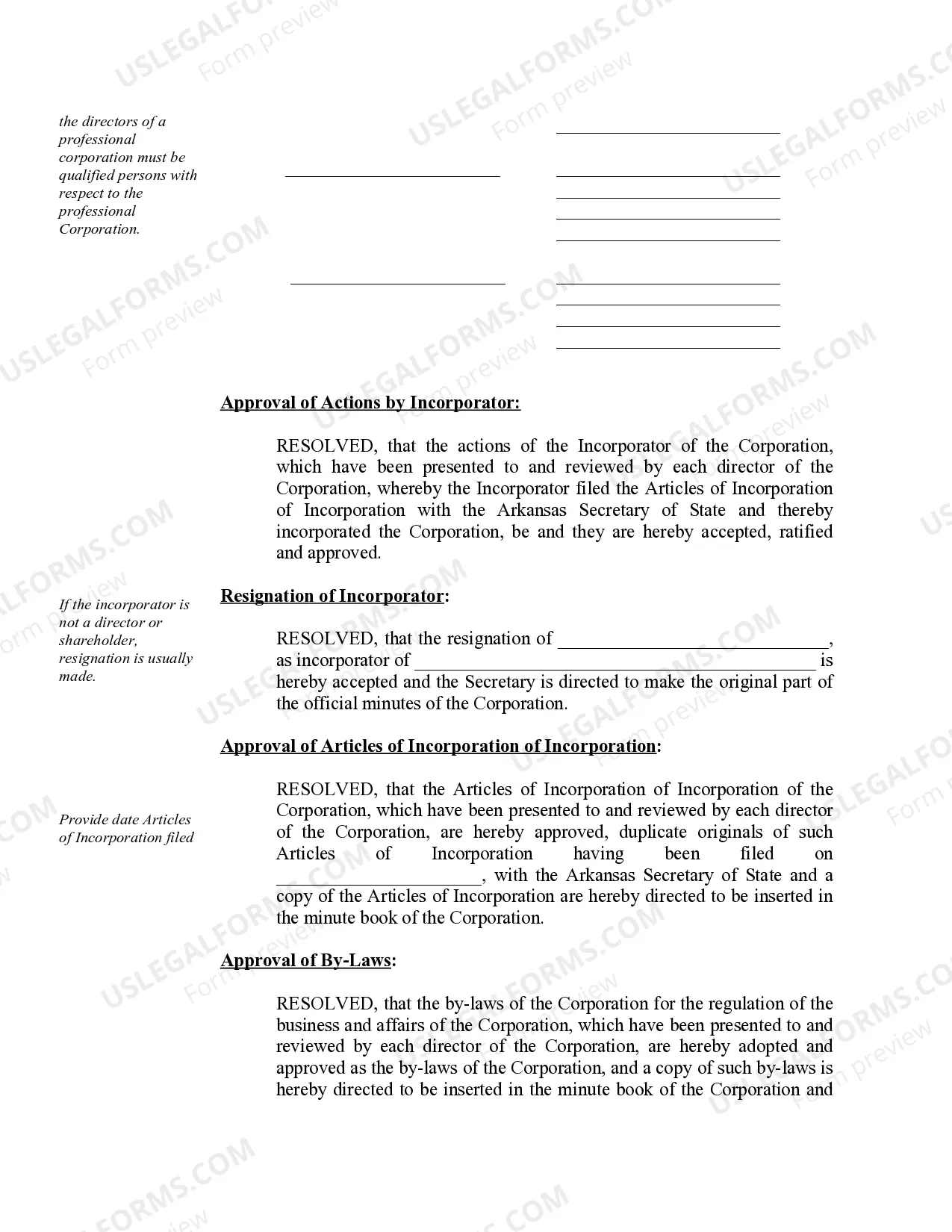 Preview Sample Organizational Minutes for an Arkansas Professional Corporation