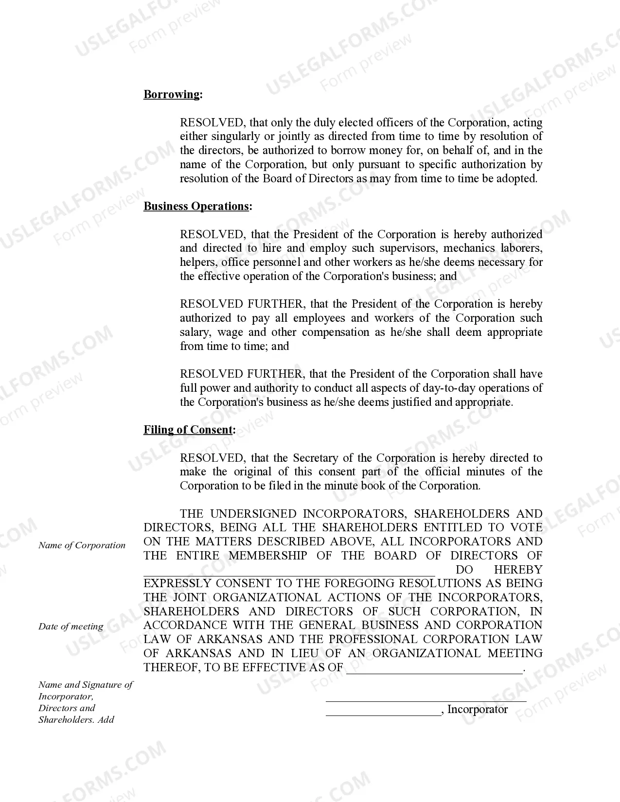 Preview Sample Organizational Minutes for an Arkansas Professional Corporation