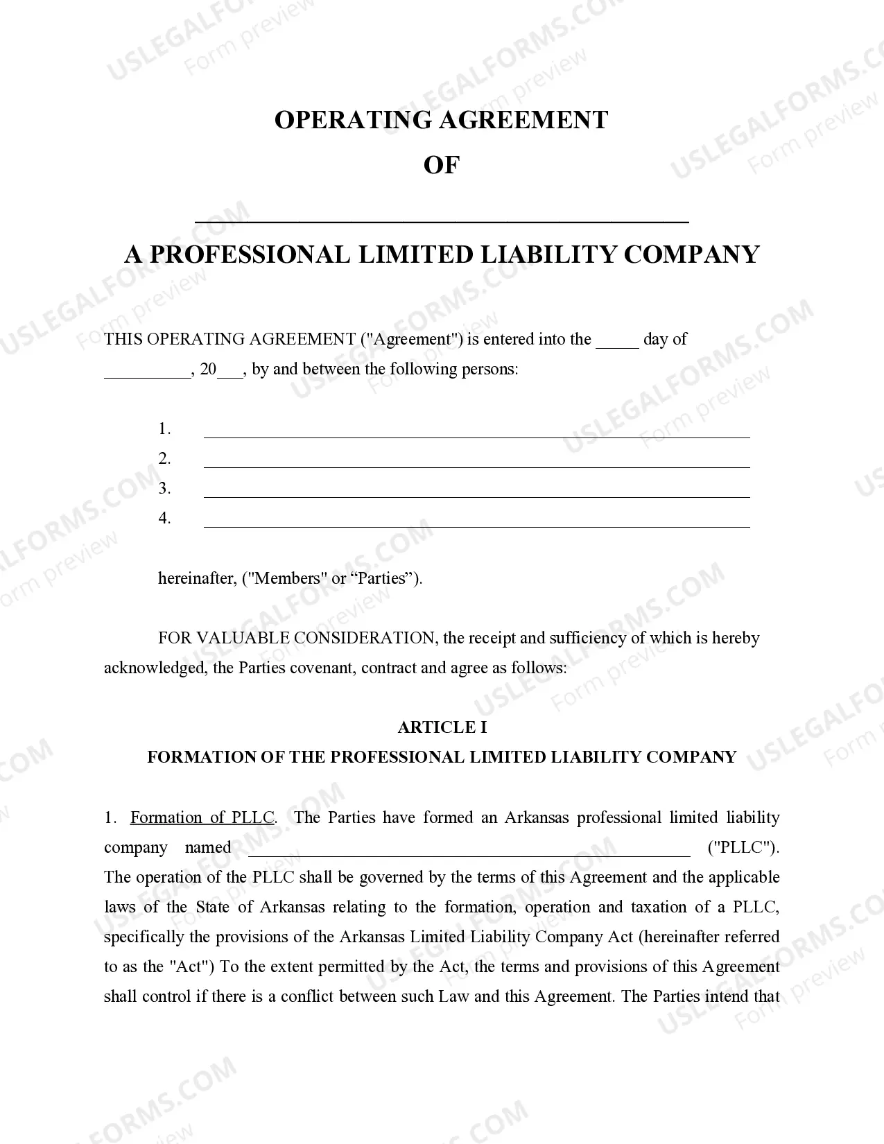 Preview Sample Operating Agreement for Professional Limited Liability Company PLLC