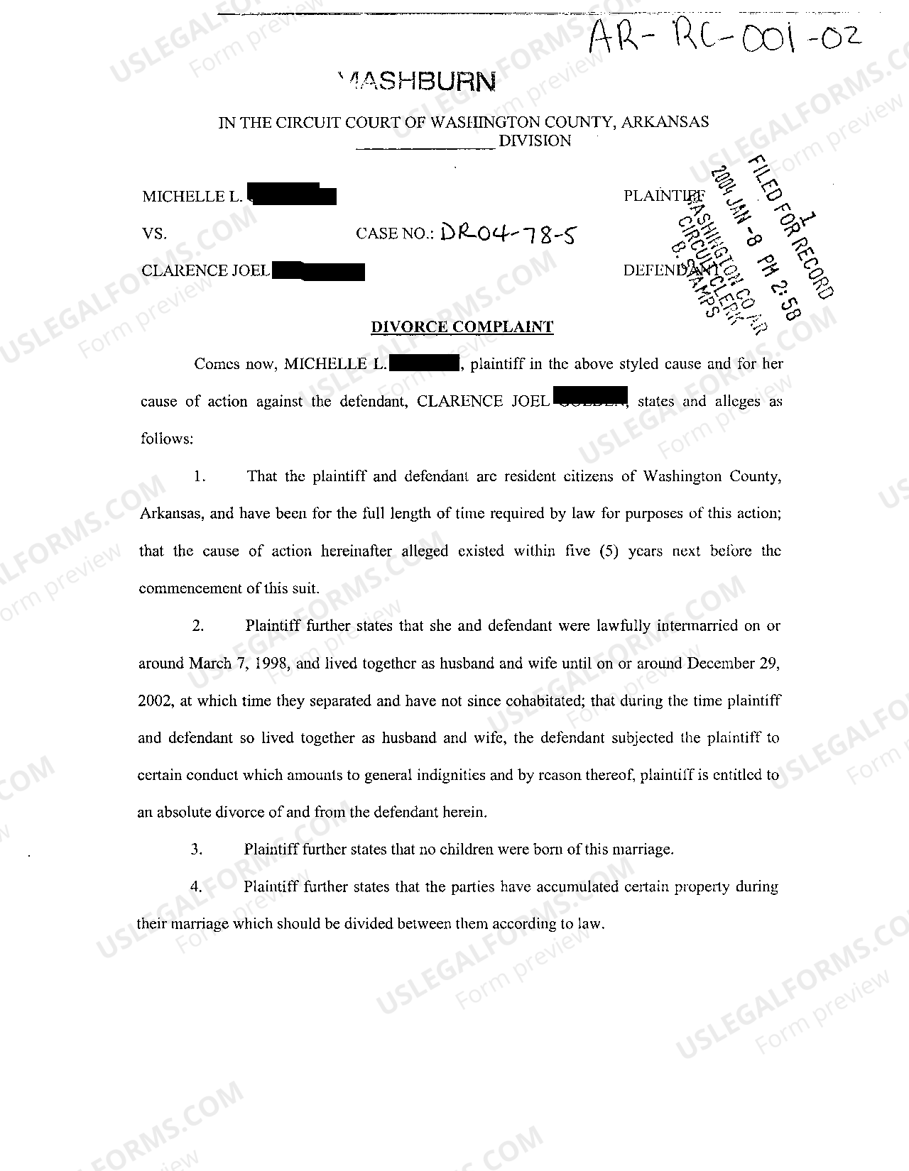 Arkansas Divorce Complaint with No Children | US Legal Forms