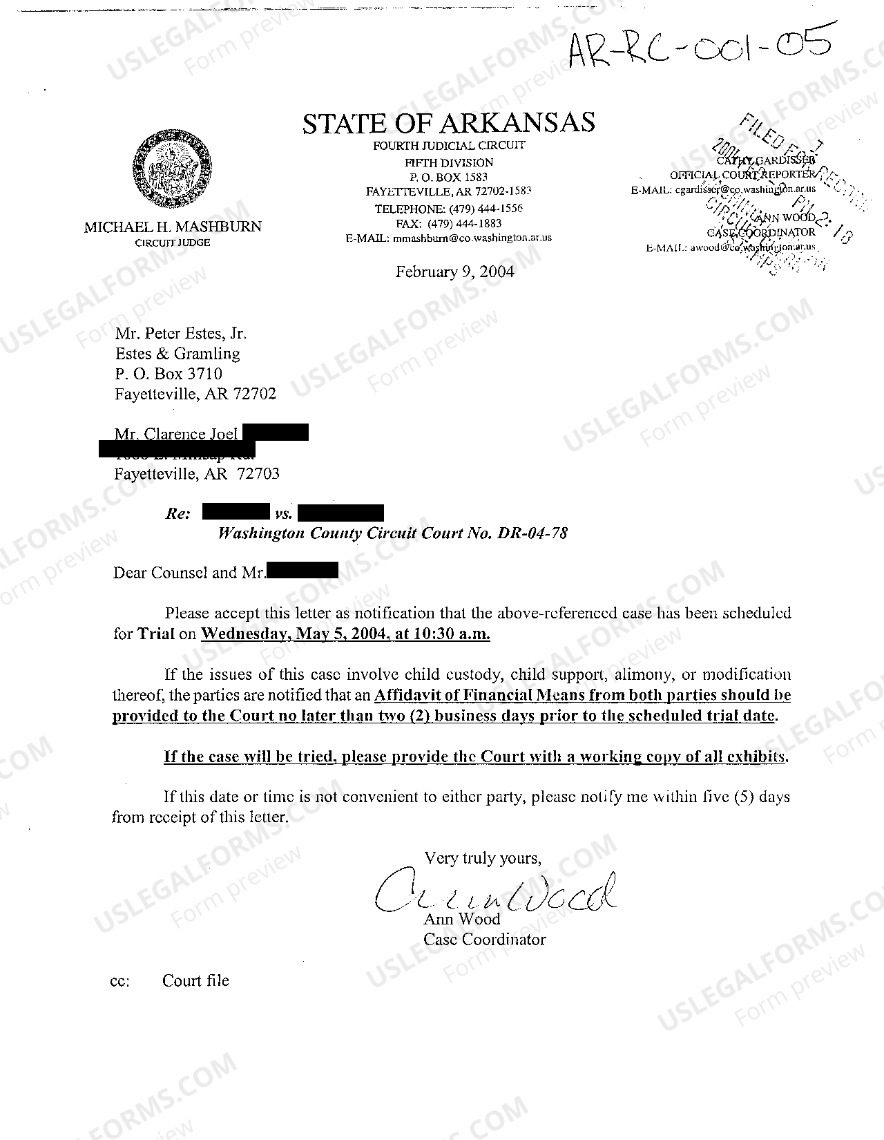 Little Rock Arkansas Letter scheduling case for trial US Legal Forms