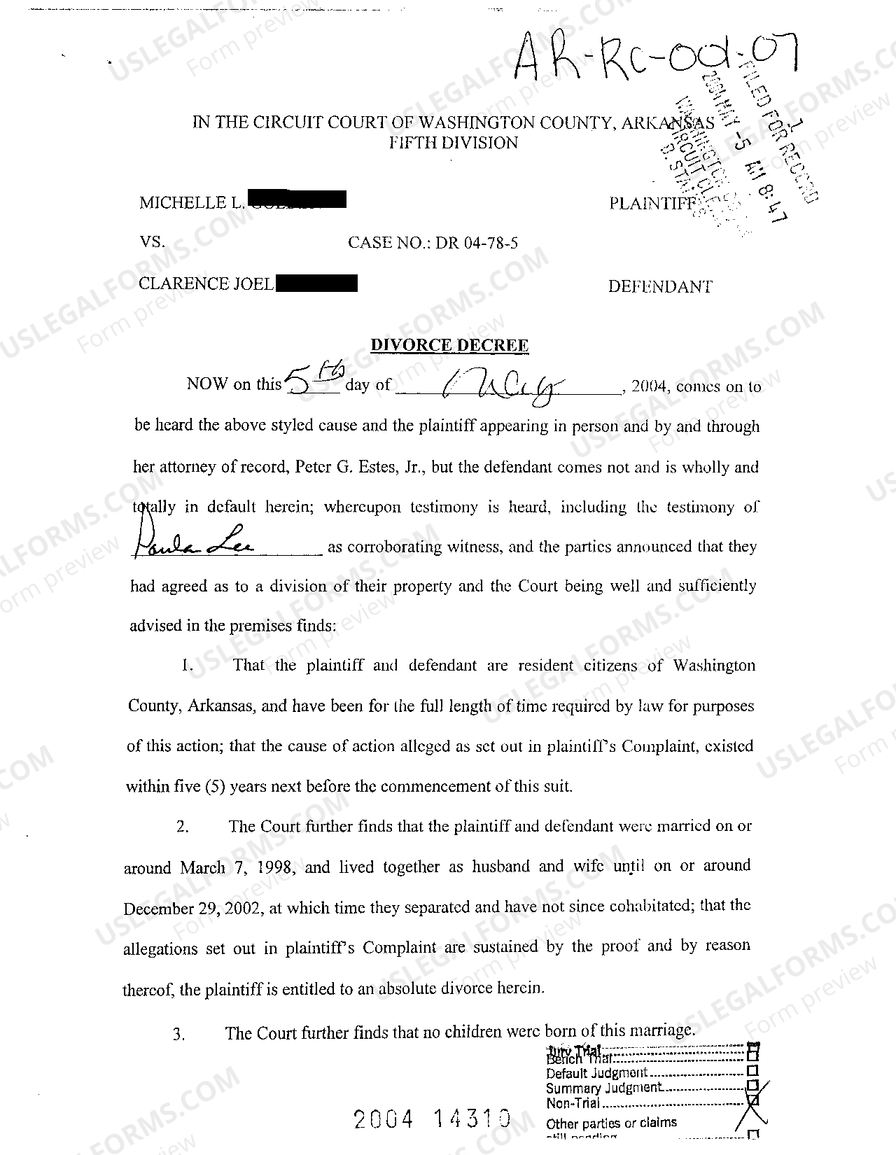 Arkansas Divorce Decree on Divorce with No Children Divorce Papers