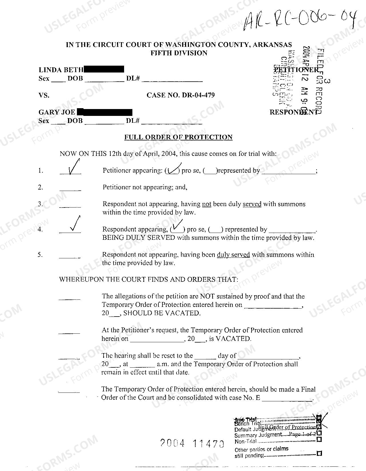 Arkansas Full Order of Protection Order Of Protection Arkansas