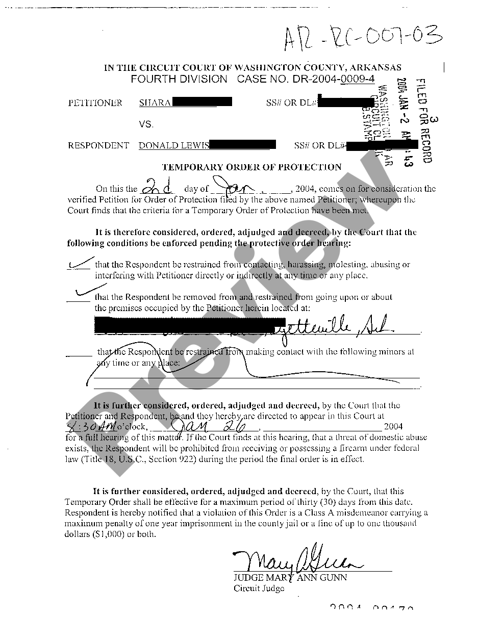 Arkansas Temporary Order of Protection | US Legal Forms