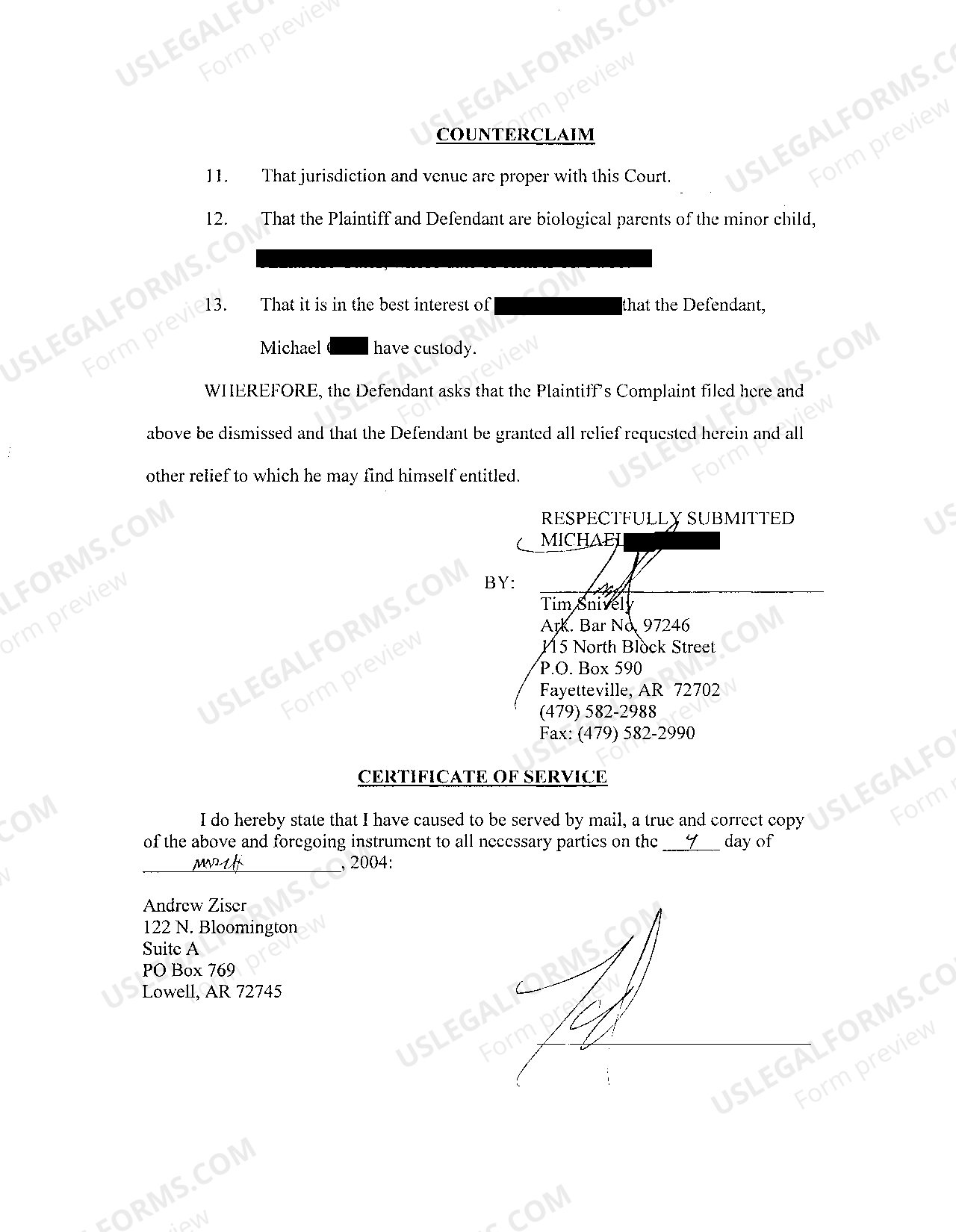 Arkansas Answer and Counterclaim To Complaint For Child Support