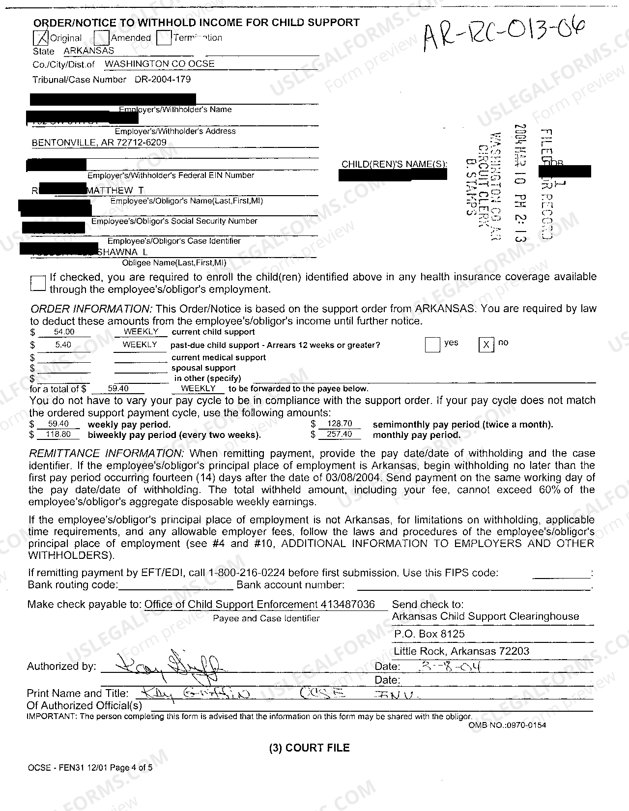 Little Rock Arkansas Order of Child Support US Legal Forms
