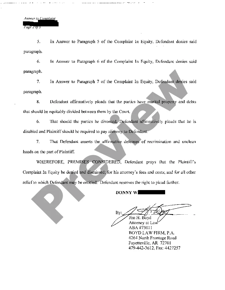 Preview A04 Answer To Complaint In Equity for Divorce with Children