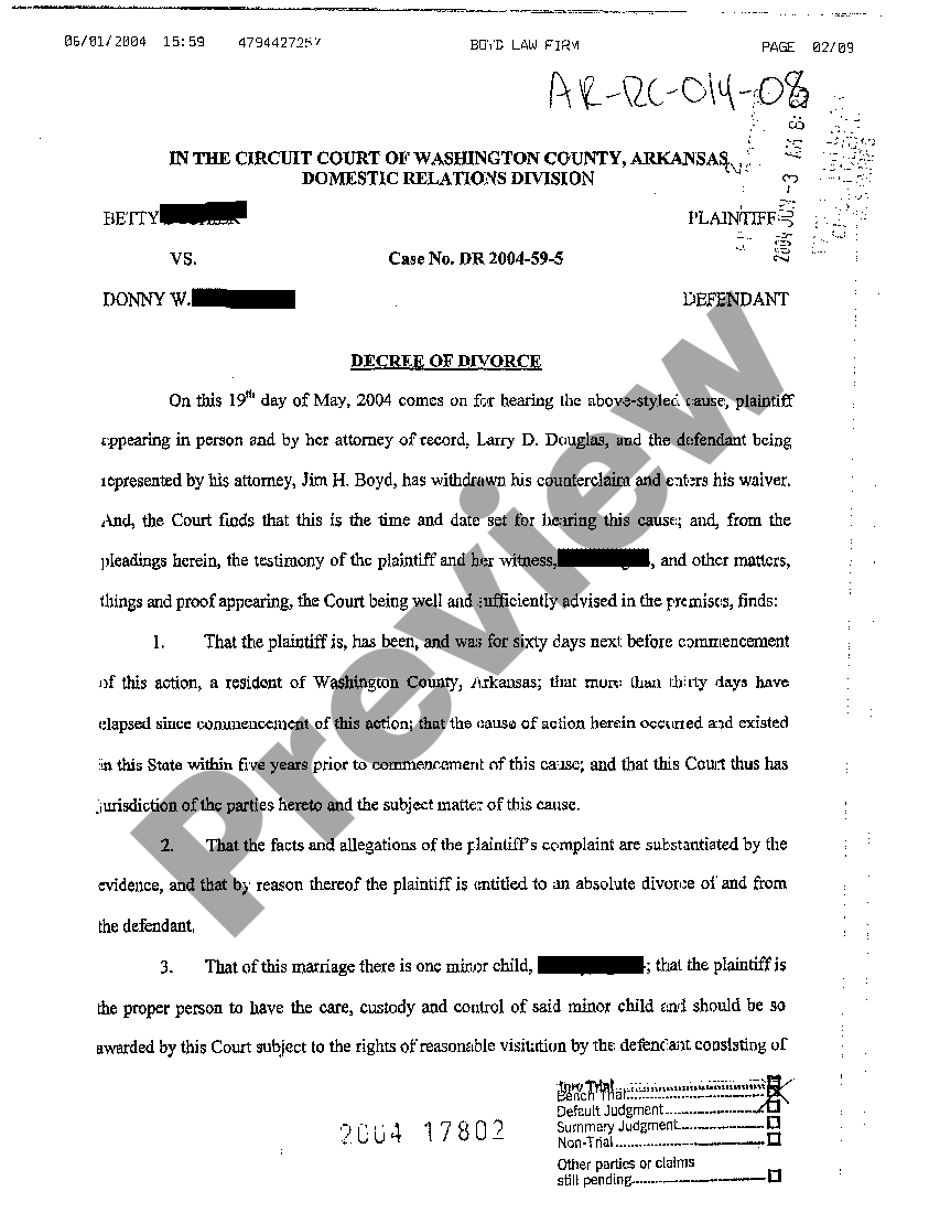 Little Rock Arkansas Decree of Divorce for Divorce with Children US