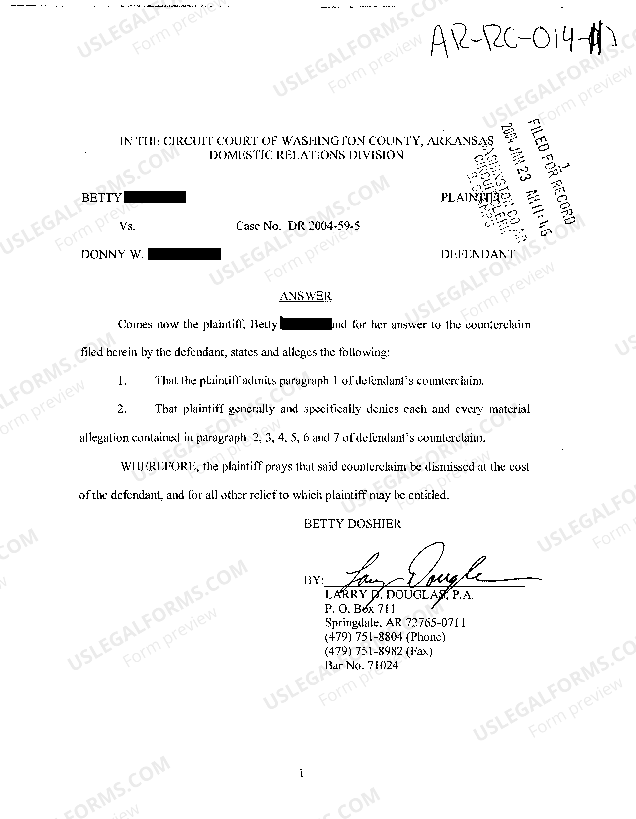 Arkansas Answer to Complaint for Divorce with Children - Complaint For ...