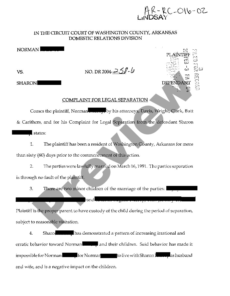 Arkansas complaint for legal separation with children us legal forms