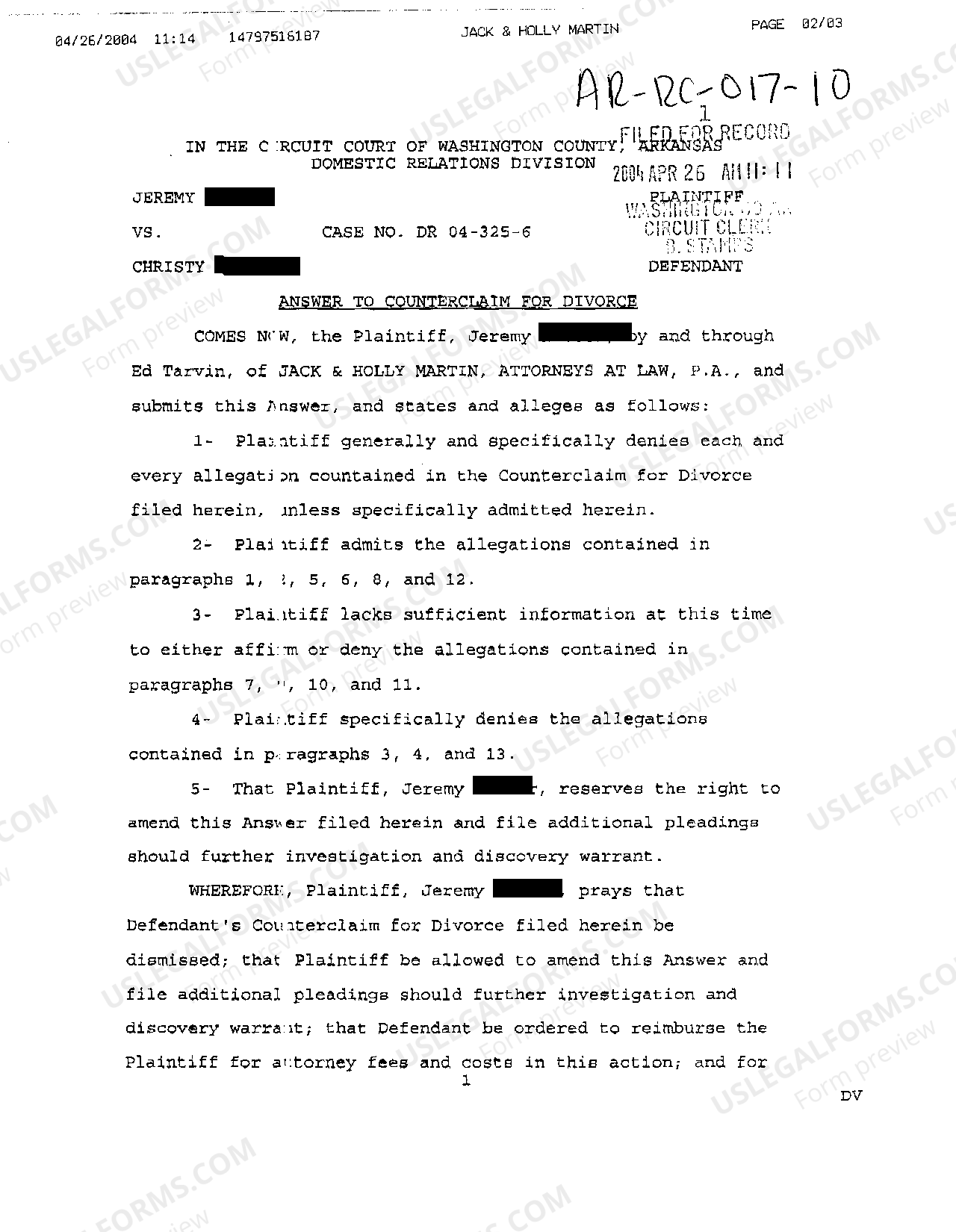 Little Rock Arkansas Answer To Counterclaim For Divorce Ar Divorce Papers US Legal Forms