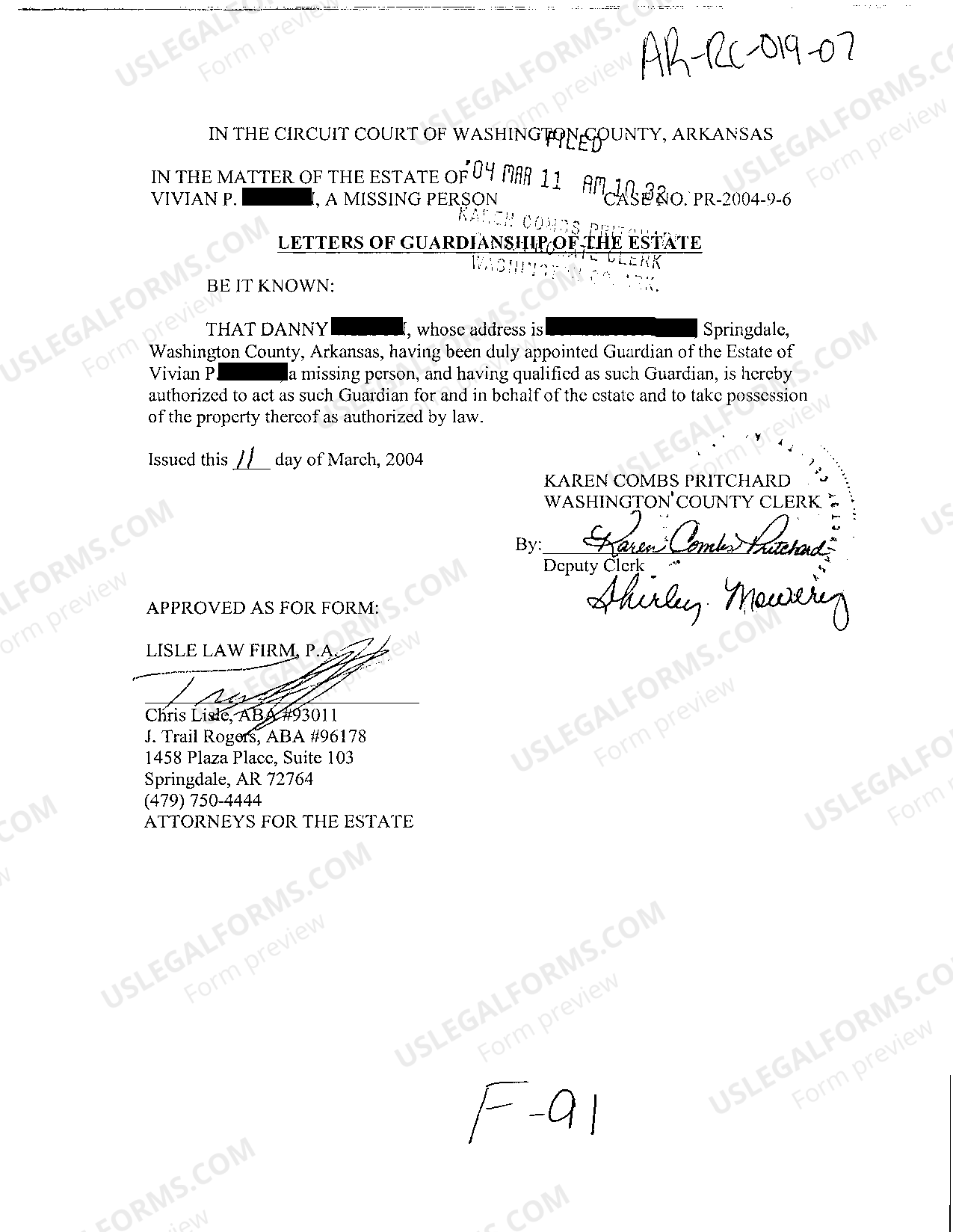 Arkansas Letter of Guardianship of The Estate Guardianship Letter