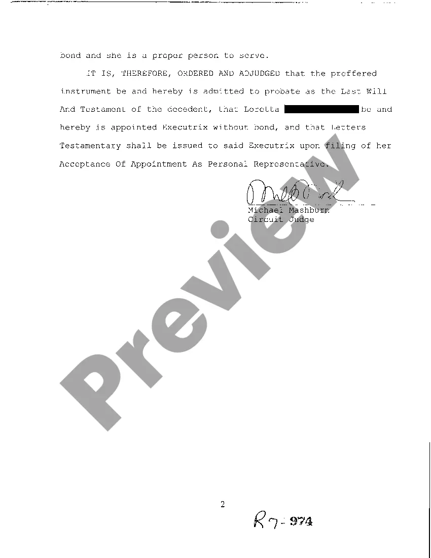 Preview A03 Order Probating Will and Appointing Personal Representative