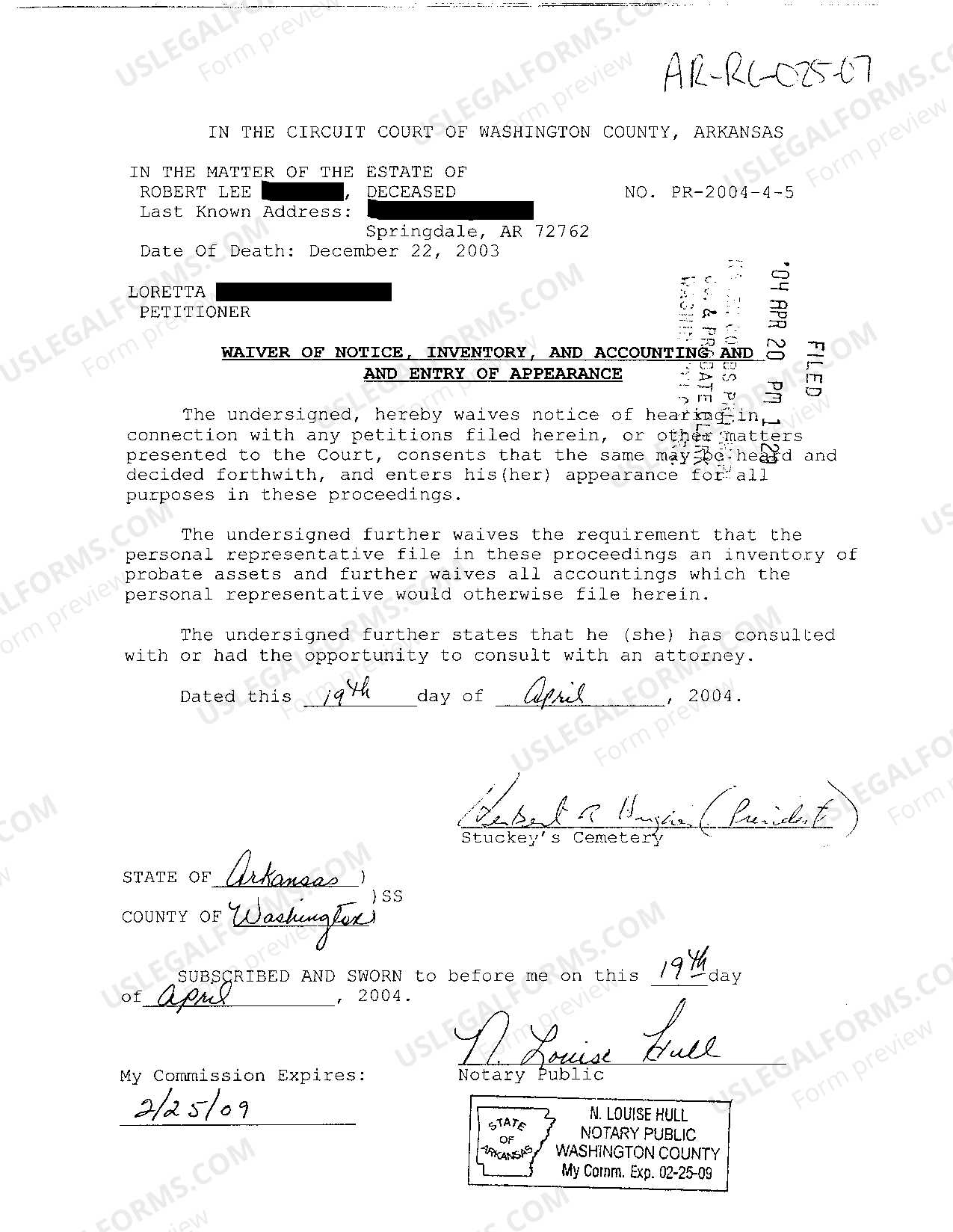 Arkansas Waiver of Notice, Inventory Waiver Of Inventory And