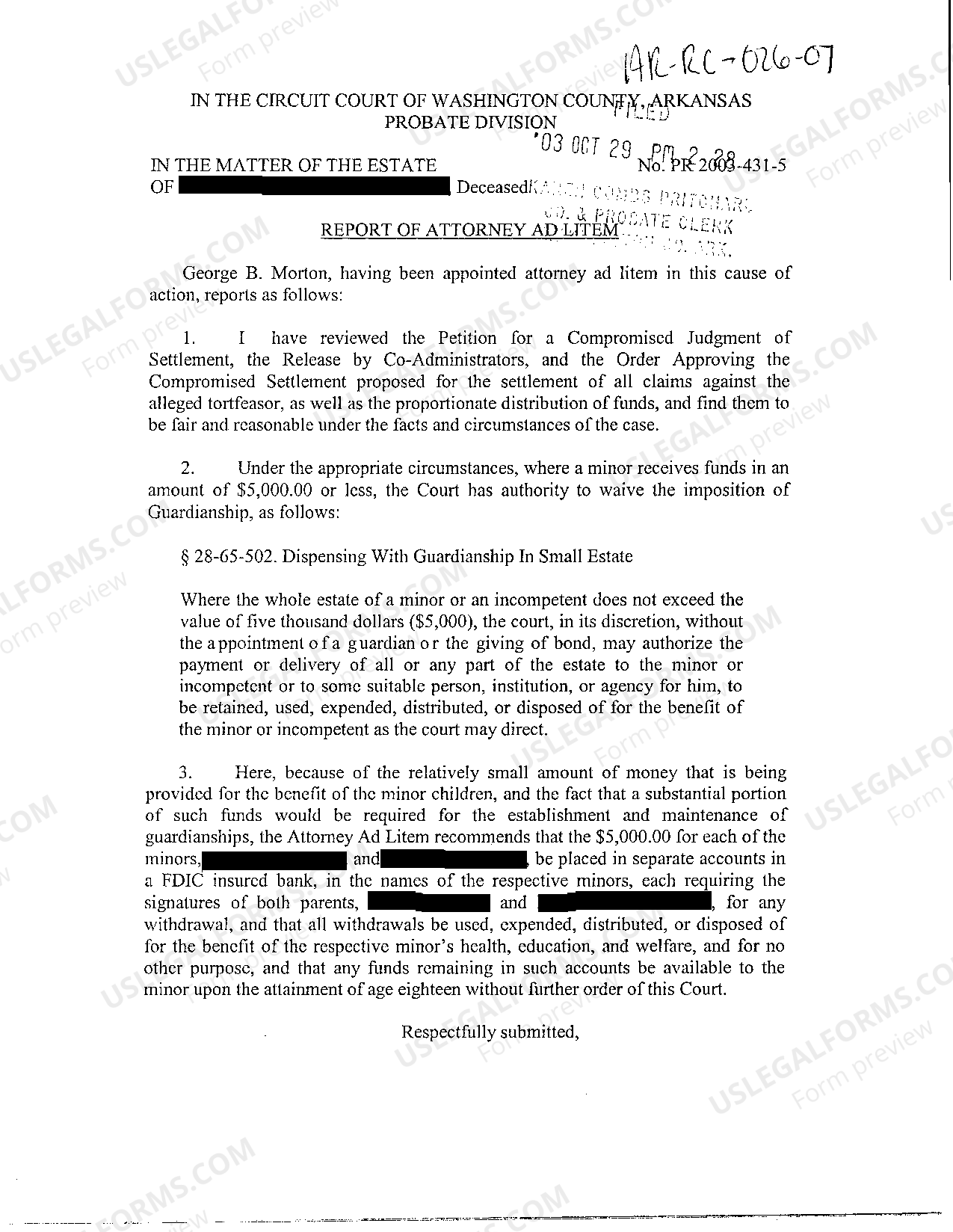 Arkansas Report of Attorney AD Litem Guardian Ad Litem Arkansas US