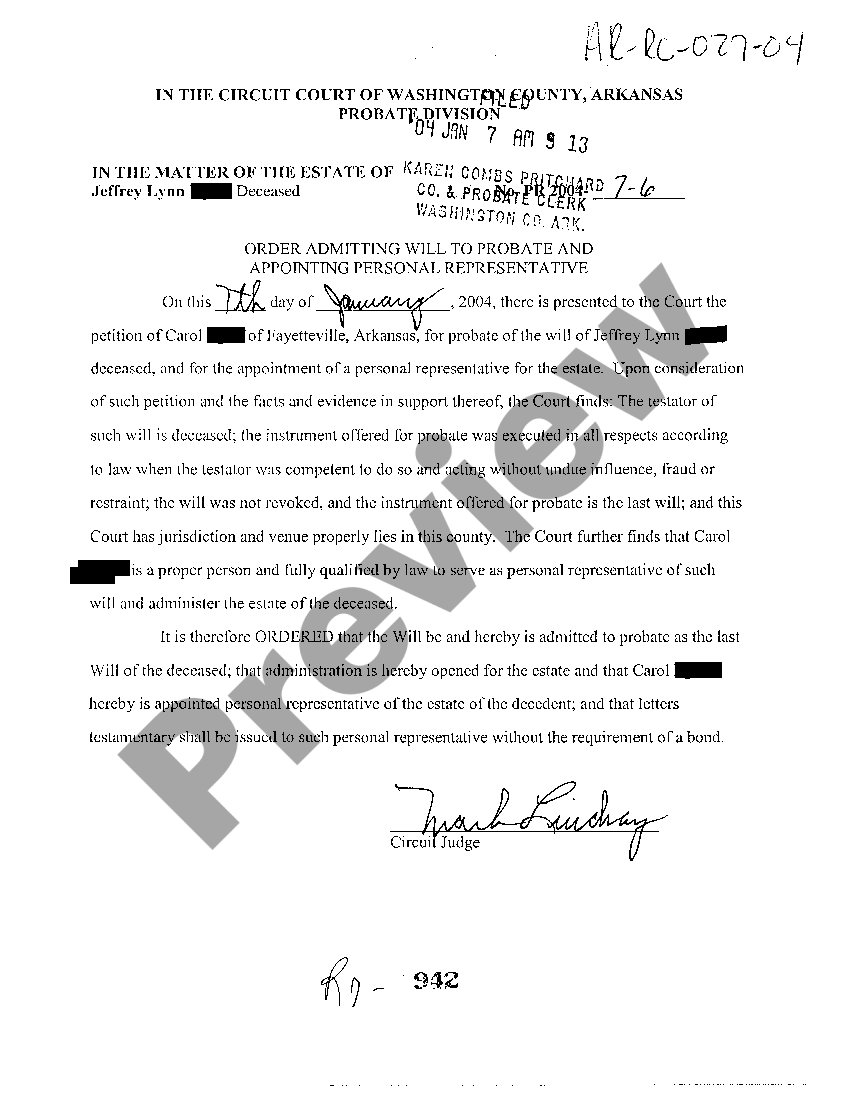 Arkansas Order Admitting Will To Probate and Appointing Personal