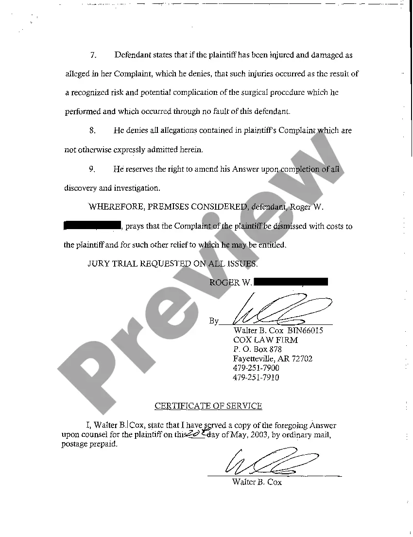 Preview A05 Answer to Complaint for Medical Malpractice