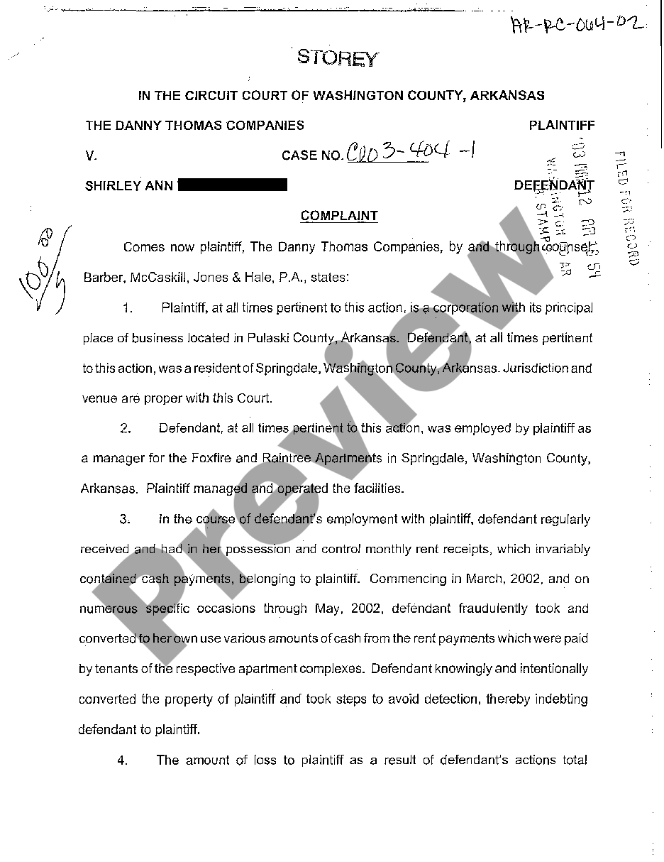 Arkansas Complaint for Fraud and Conversion | US Legal Forms