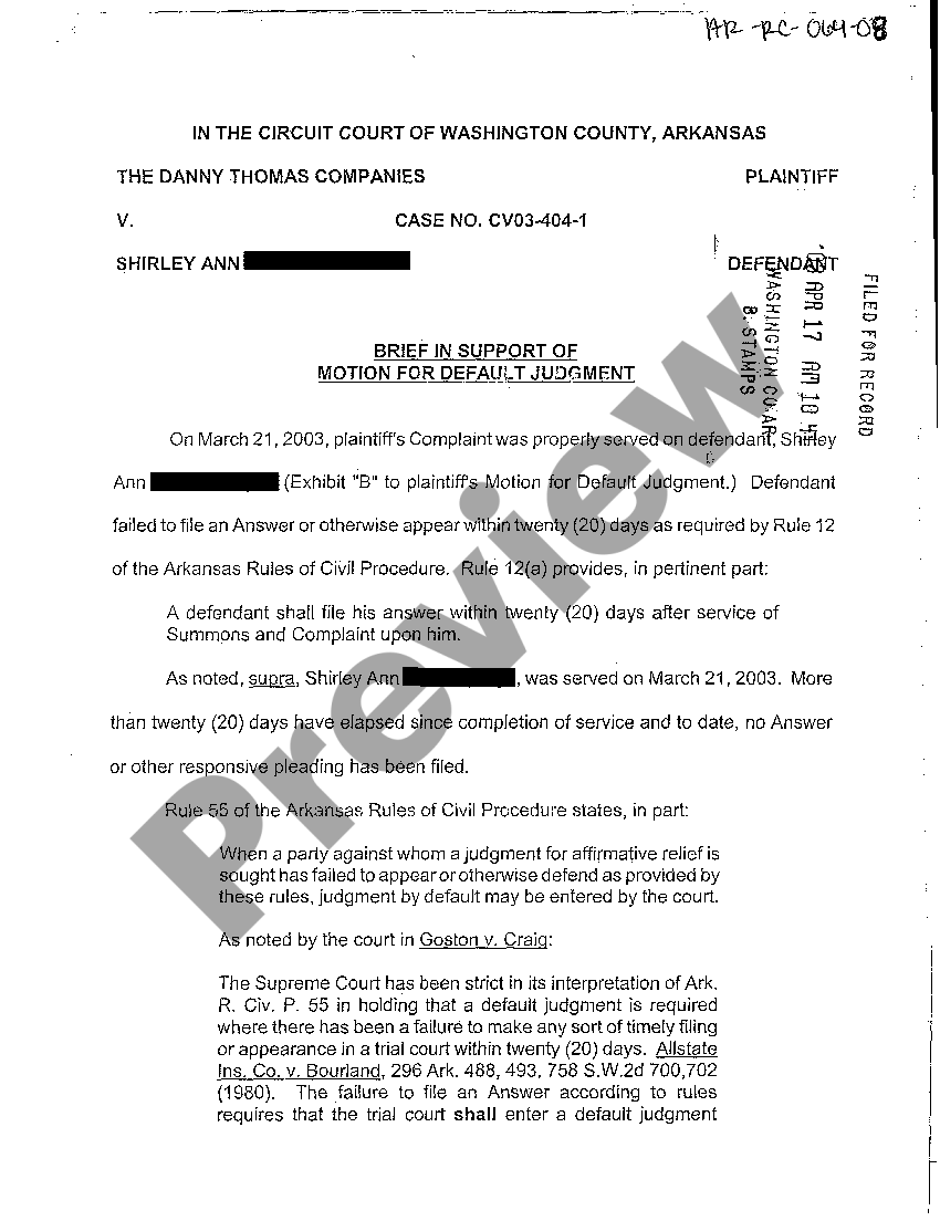 Arkansas Brief in Support of Motion for Default Judgment US Legal Forms