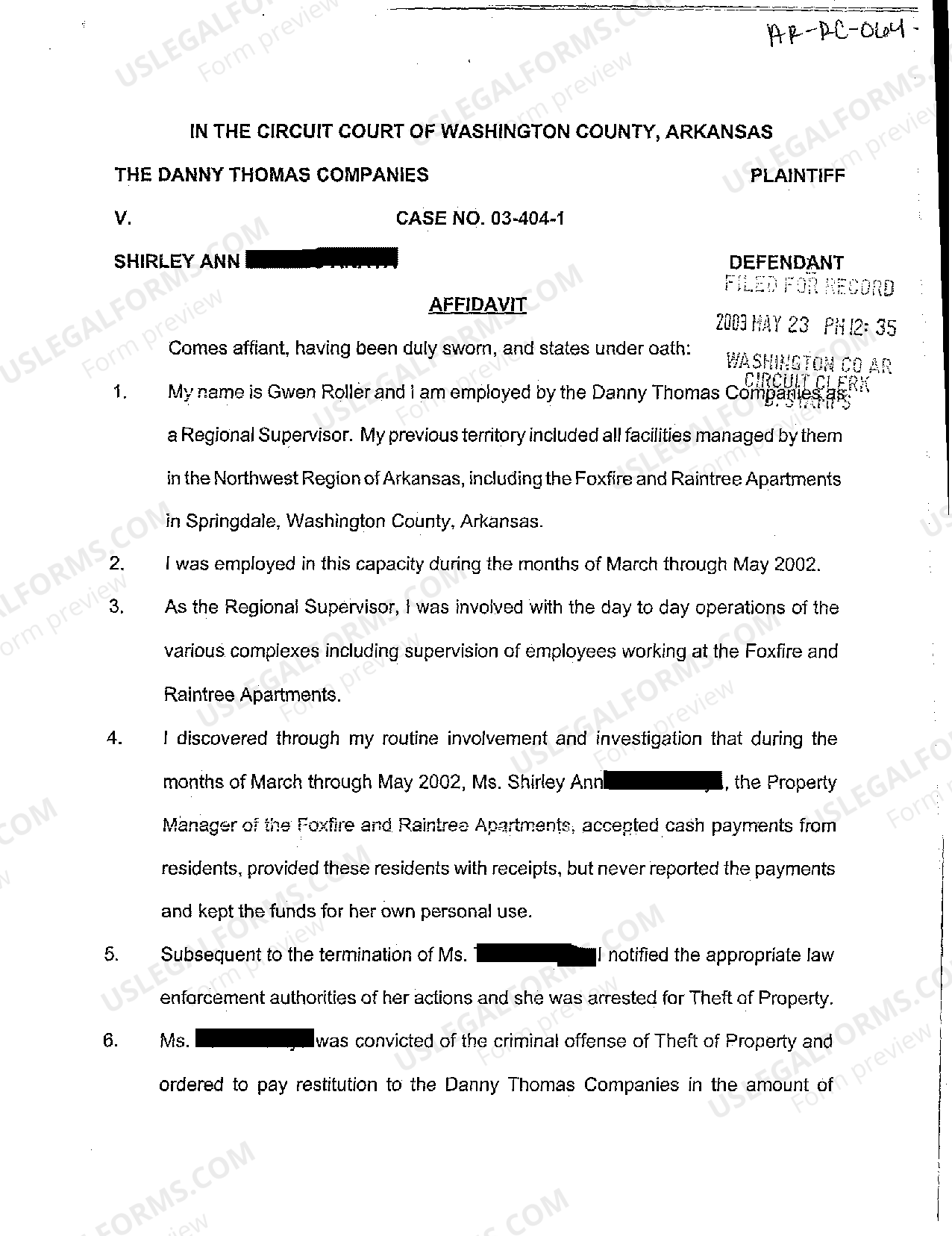 Arkansas Affidavit of Witness Wisconsin Affidavit Of Testimony US