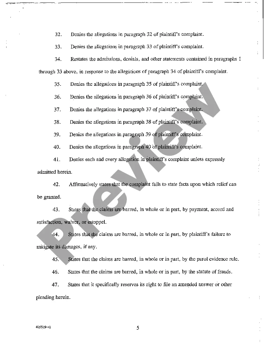 Preview A05 Answer to Complaint for Breach of Contract and Conversion